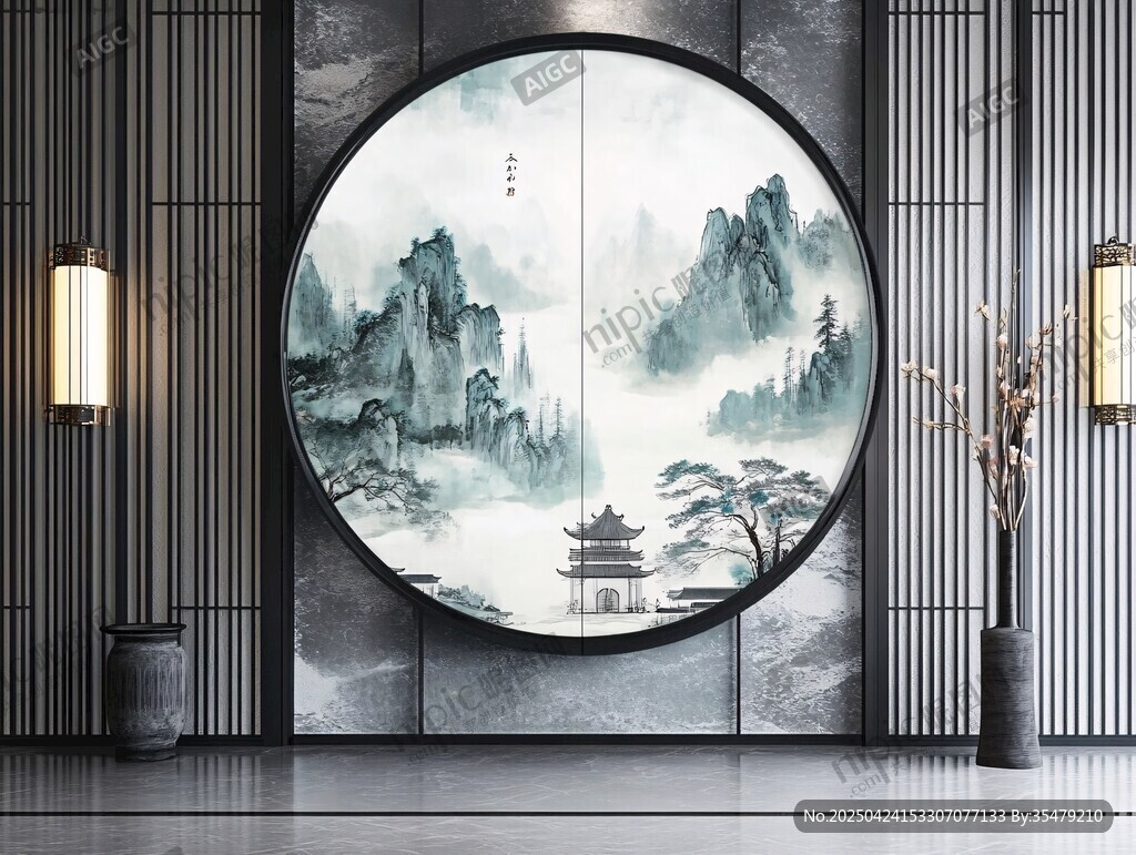 中式山水圆形屏风装饰画
