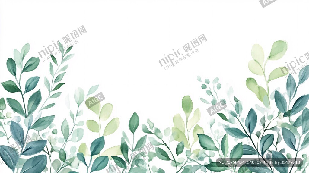 清新绿叶边框水彩插画