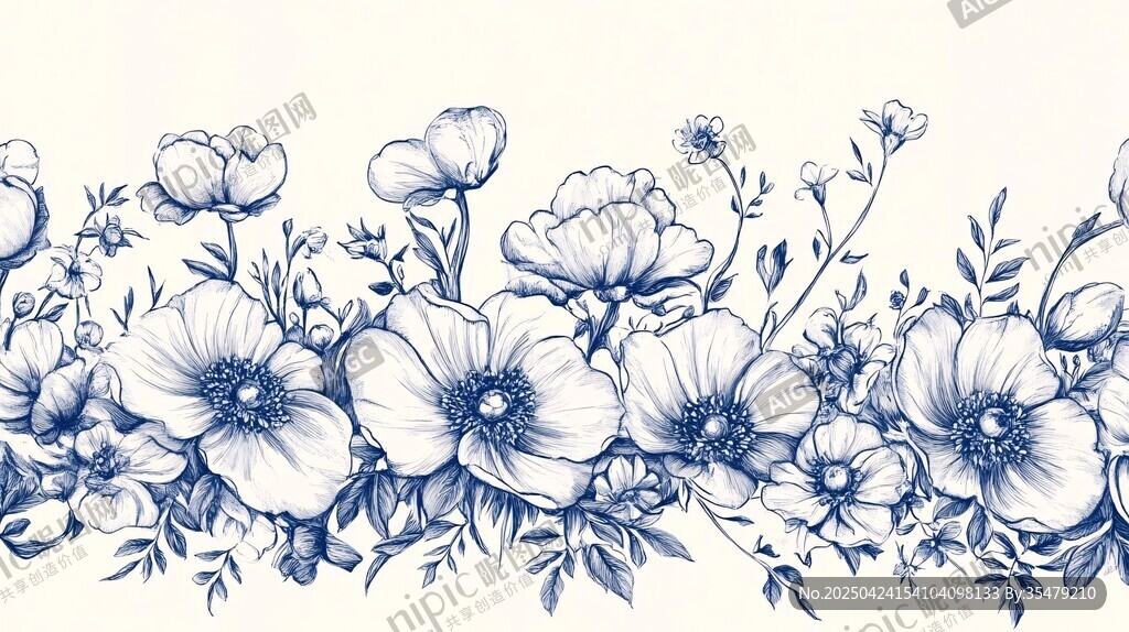 蓝白花卉手绘花边图案