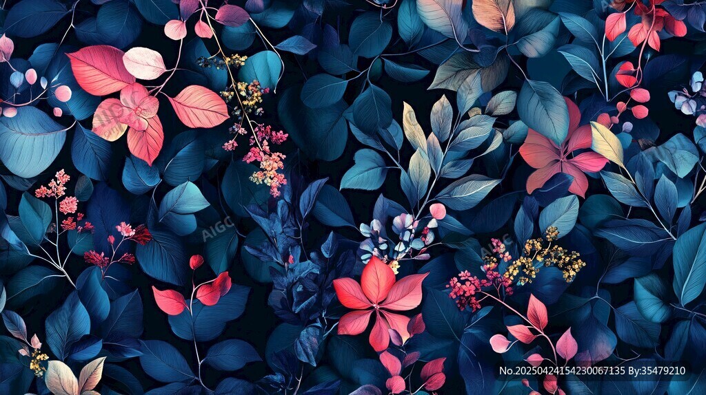 深蓝色调梦幻花卉图案