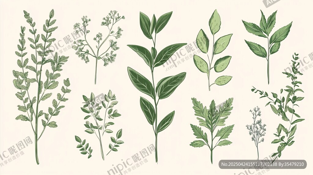 手绘清新绿植叶片集合