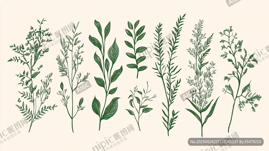 手绘清新绿植枝叶插画