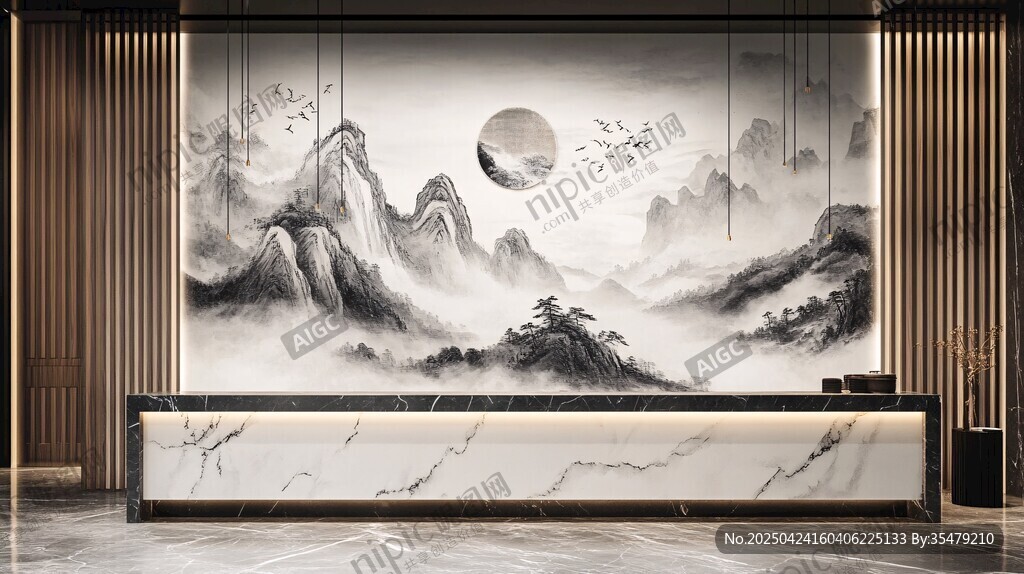 中式山水风前台背景墙