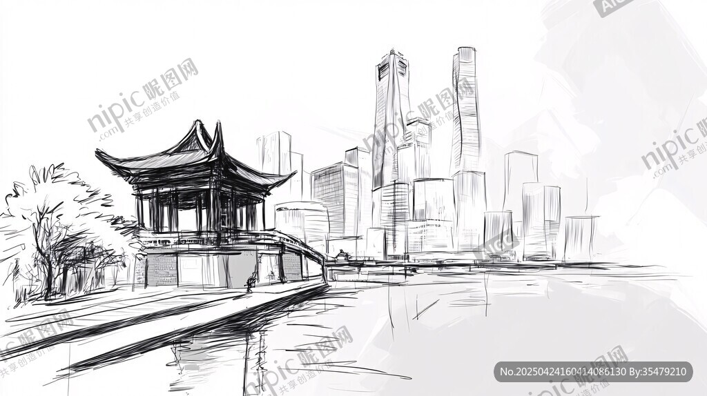水墨风古今交融城市景致