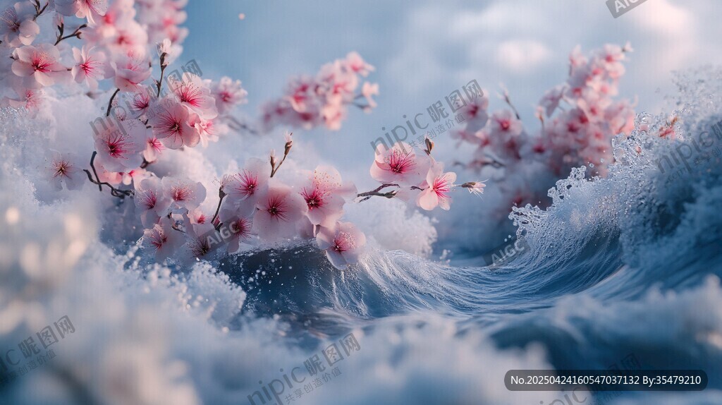 浪花中的烂漫粉色花枝