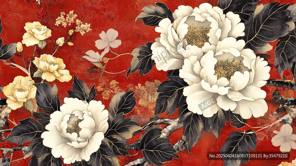 红底牡丹花卉精美图案