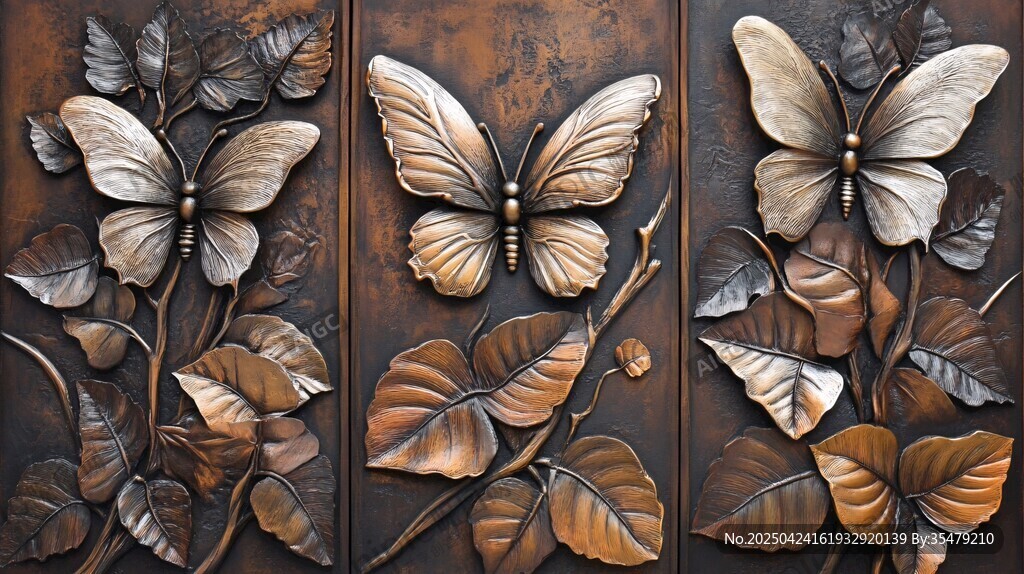 蝶叶金属浮雕艺术三联画
