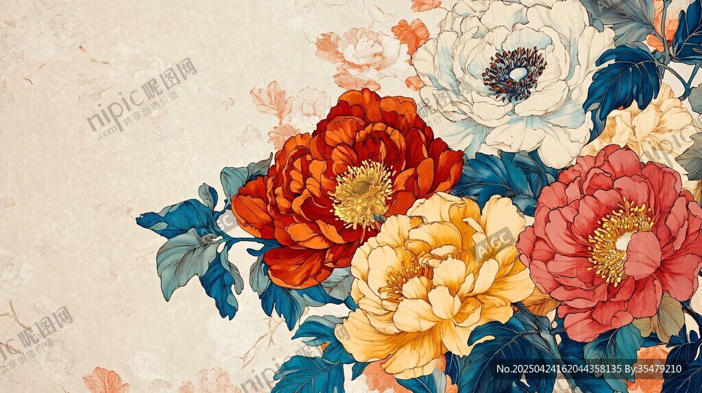 多彩牡丹花卉艺术插画