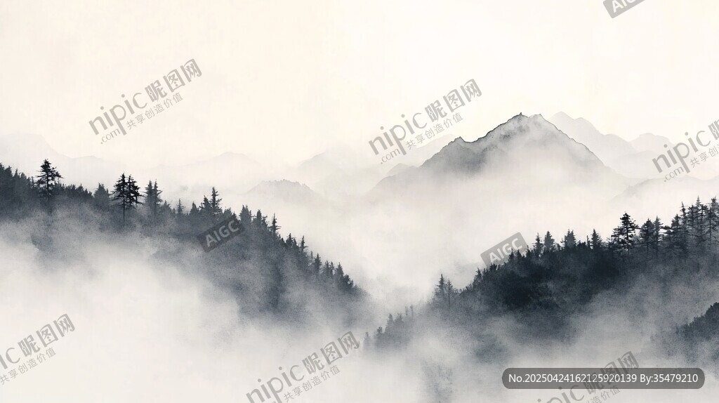 雾霭山林水墨意境图