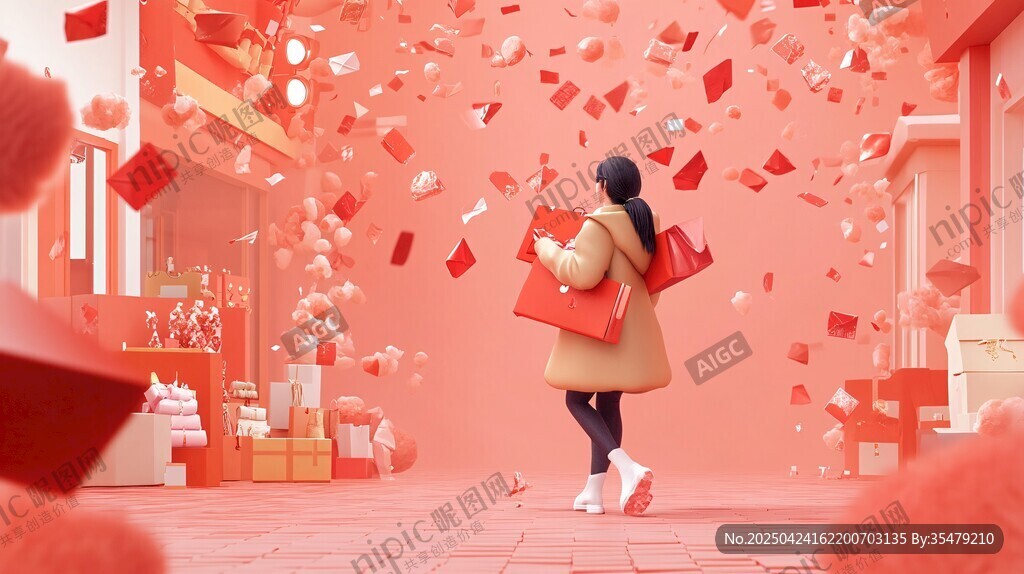 女孩于喜庆街区欢乐购物