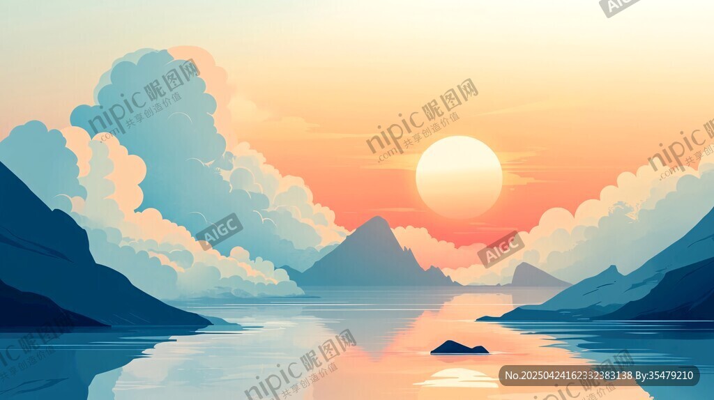 日落山水间的梦幻景致