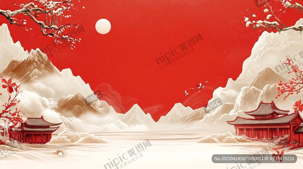 中式山水红韵古风美景图