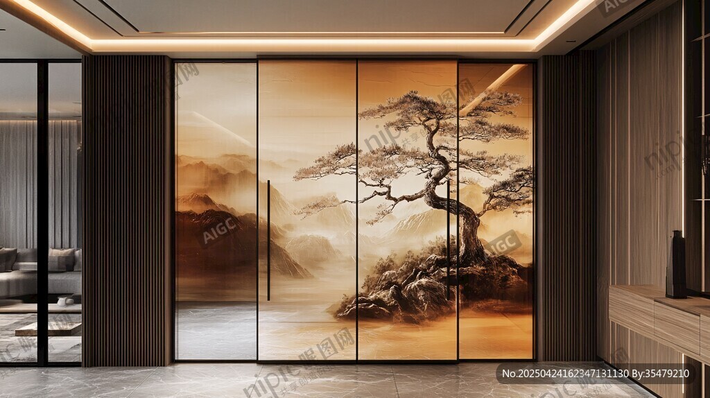 中式山水艺术玻璃隔断
