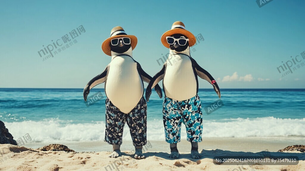 海滩上时髦的企鹅伙伴
