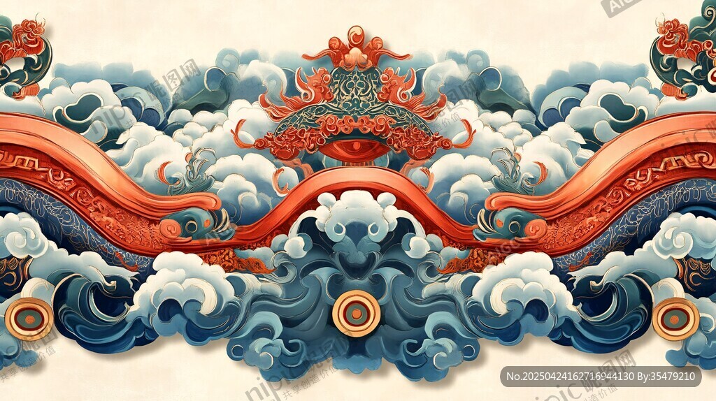 中式海浪古建筑祥瑞图景