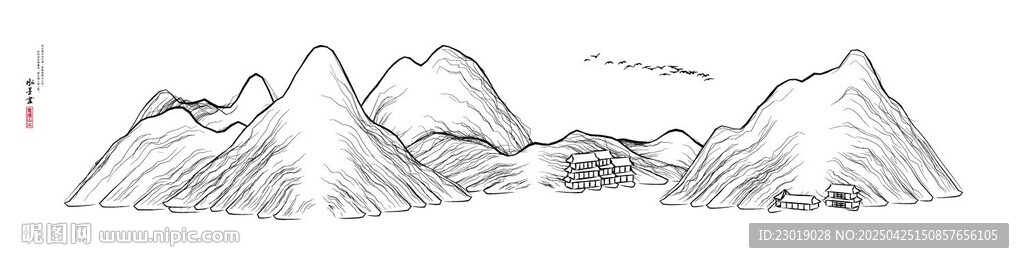手绘山川风景图
