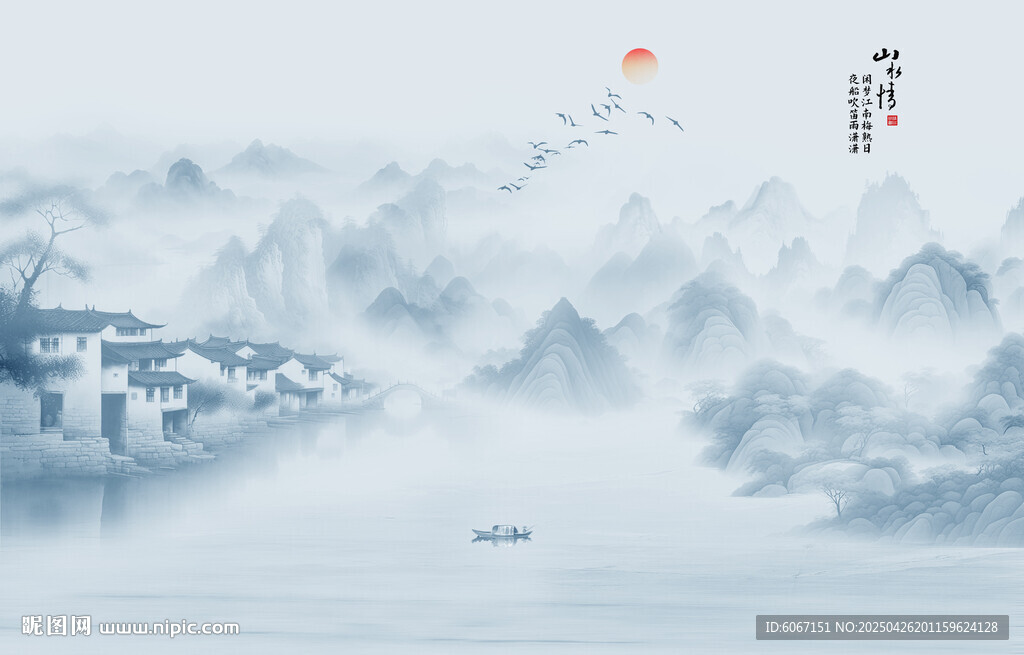 水墨江南水乡背景墙