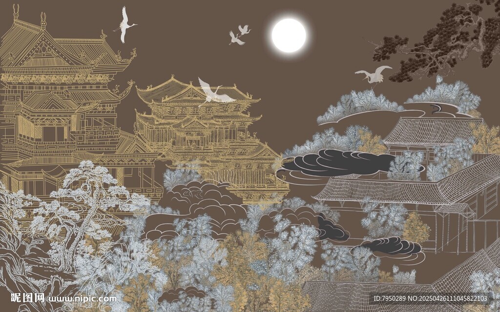 古风月夜下的梦幻建筑景观背景墙