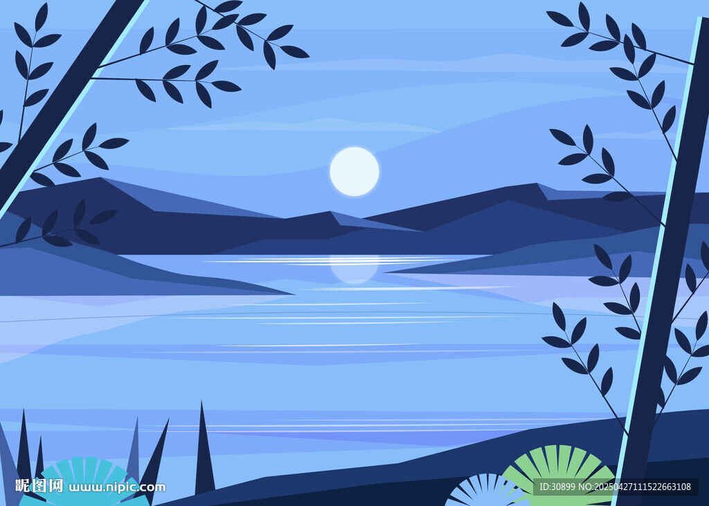 矢量手绘扁平化月光湖水风景插画