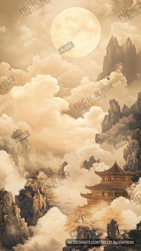 月下云山古楼梦幻景致