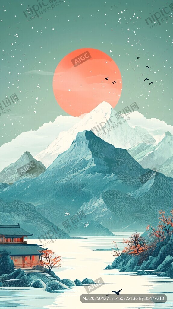 落日下的山水中式美景