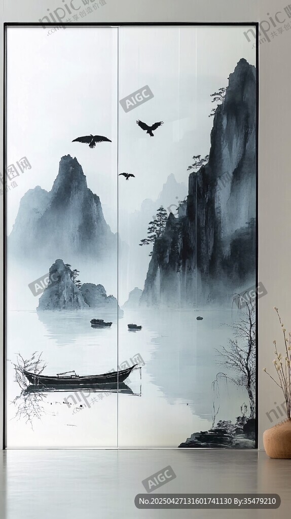 中式水墨山水移门装饰画