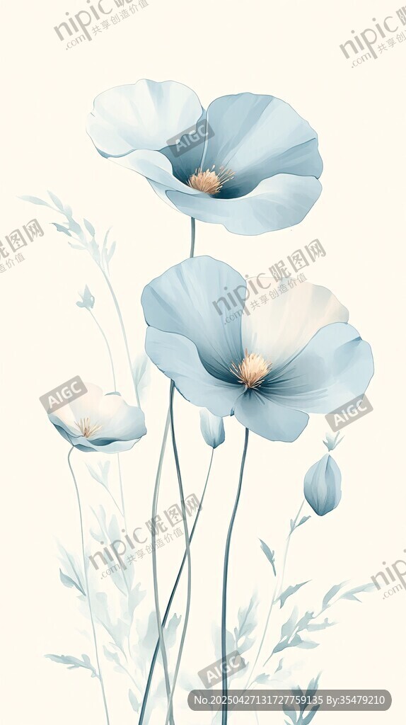 淡蓝色优雅虞美人花卉图