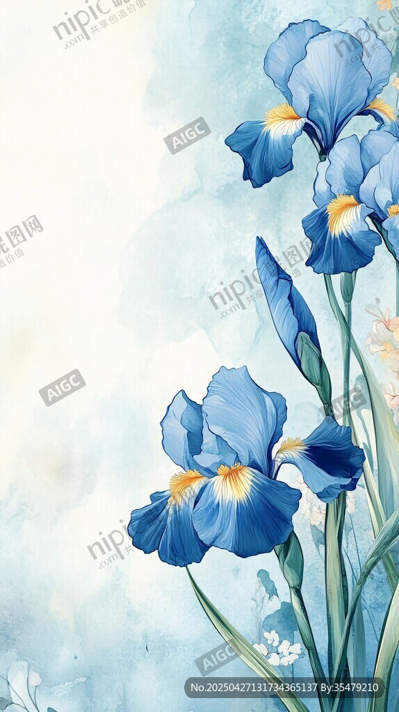 蓝色鸢尾花的清新水彩画