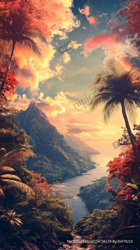 梦幻热带山谷黄昏美景