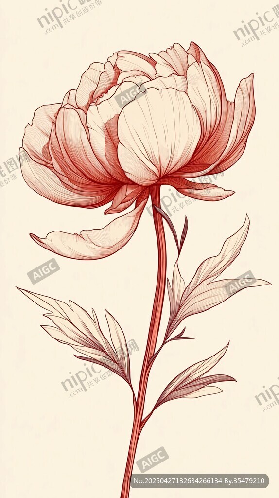 复古风单枝芍药插画