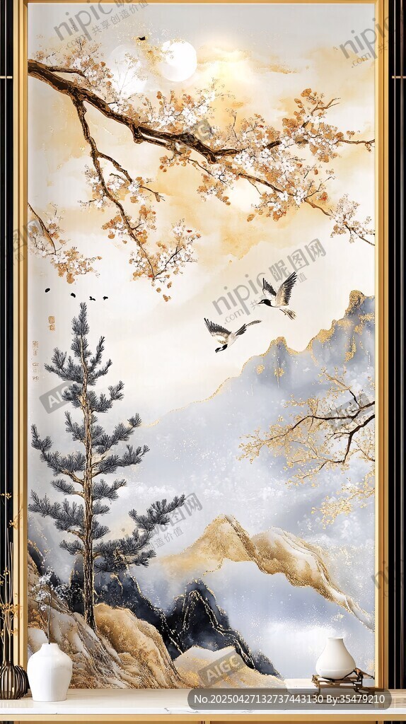中式山水花鸟意境壁画