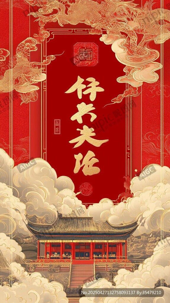中式古典建筑祥云祈福图