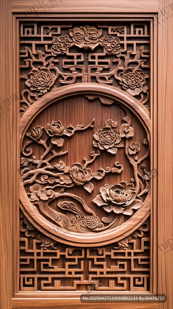 中式木雕牡丹花鸟装饰板