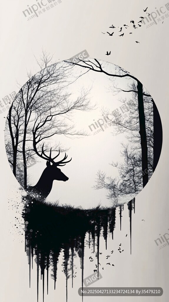黑白鹿影 自然诗意幻想图景