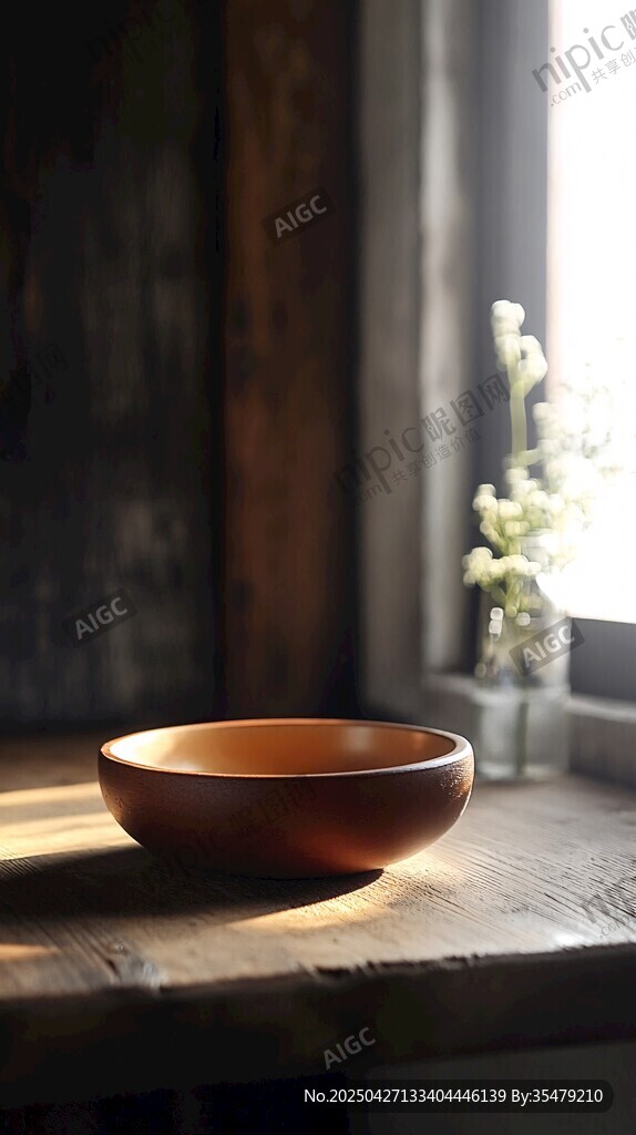 木碗置于窗前温馨场景