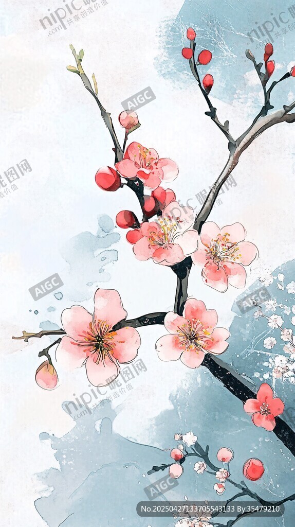 水墨风绽放的娇艳红梅