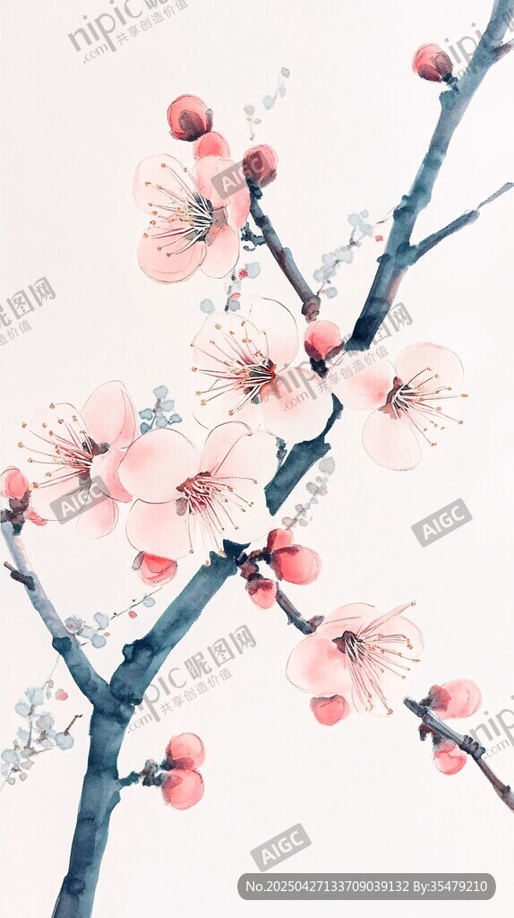 水墨粉梅图