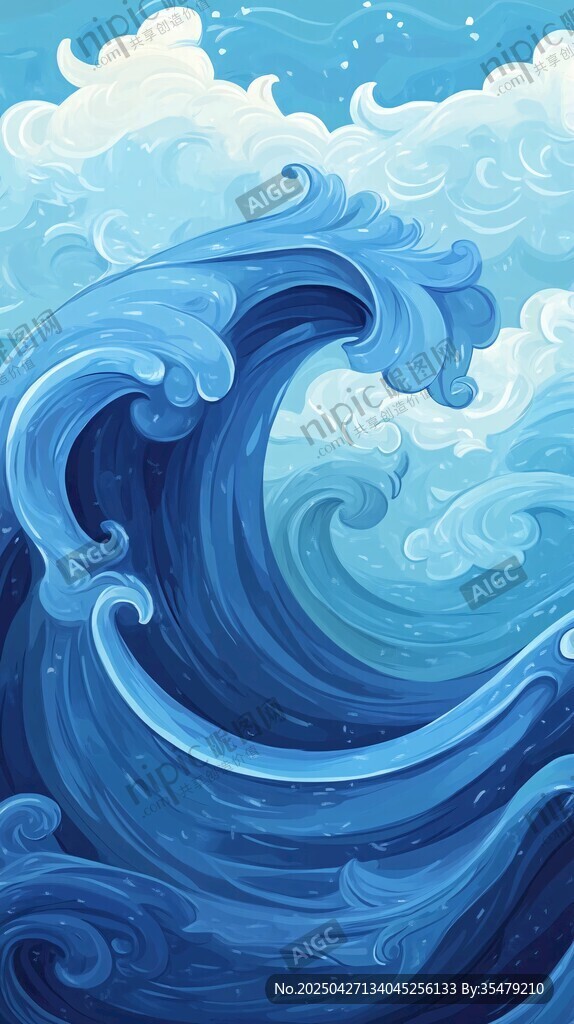 蓝色汹涌海浪奇幻插画