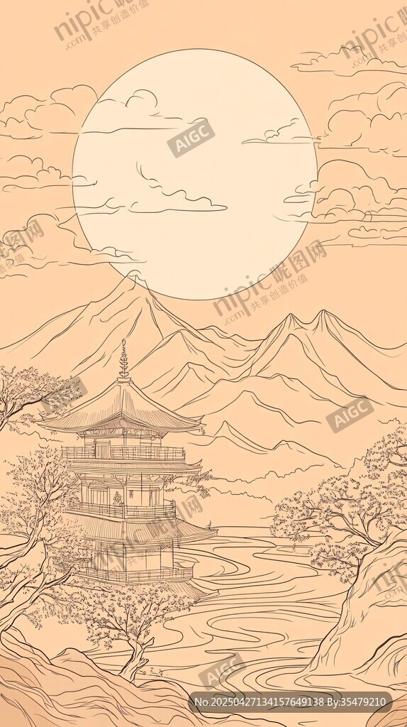 古风山水楼阁夕阳图景