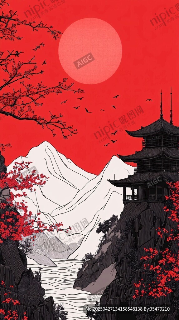 日式山水古建筑夕阳图景