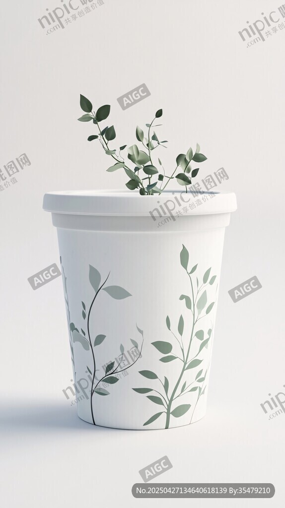 白色花纹杯中的清新绿植