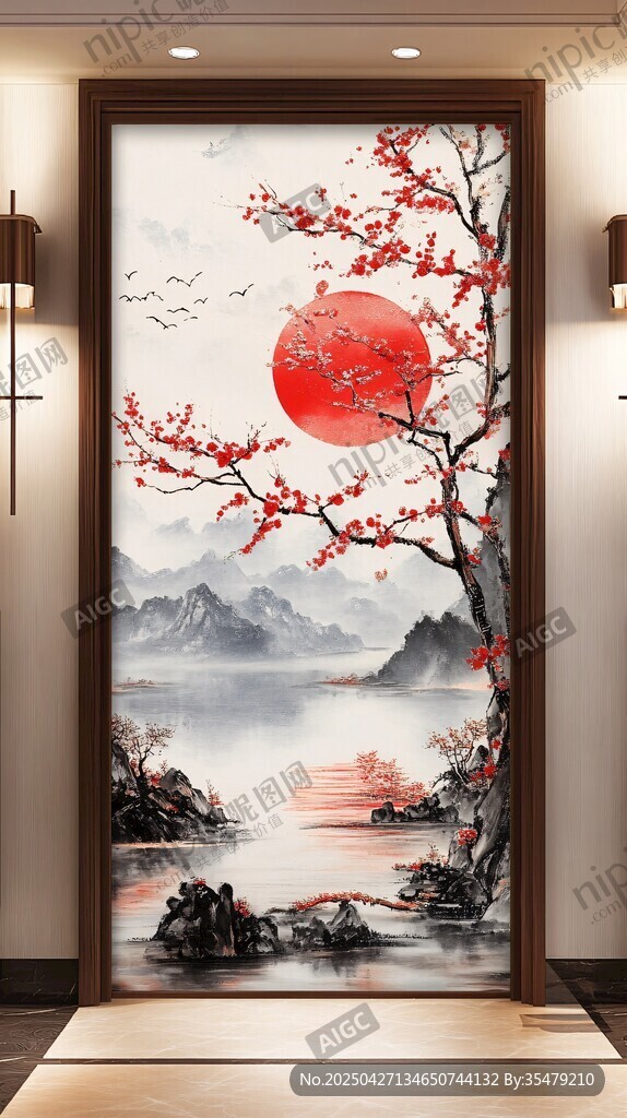 中式玄关红日山水装饰画