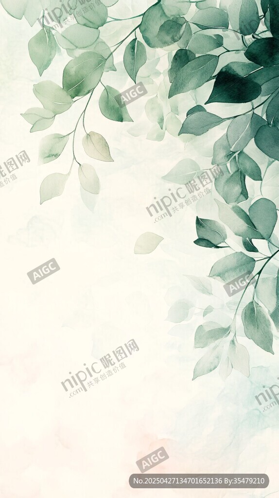 清新绿叶水彩背景图