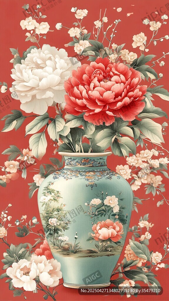中式花瓶插盛放牡丹图