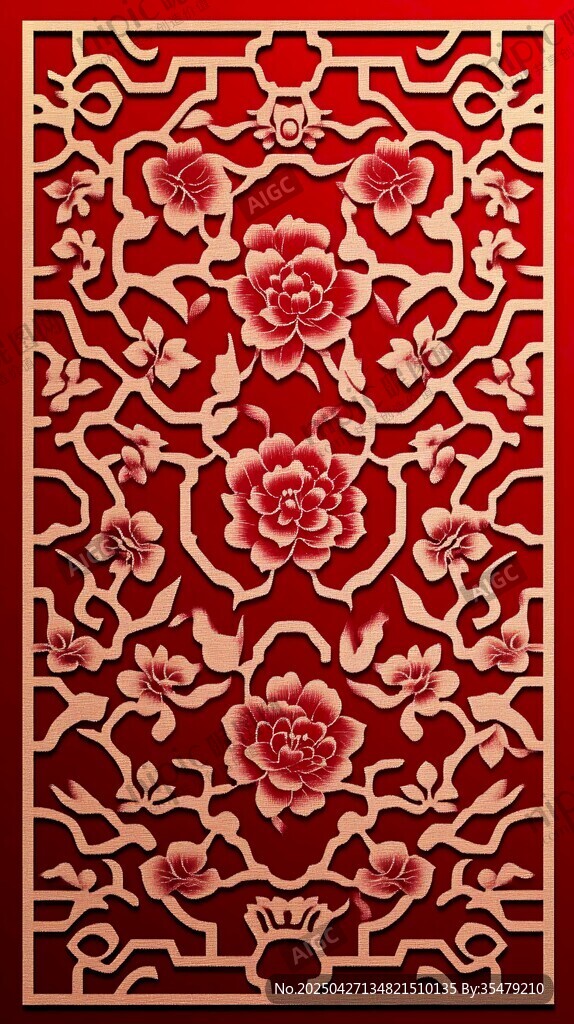 中式雕花红底牡丹图案