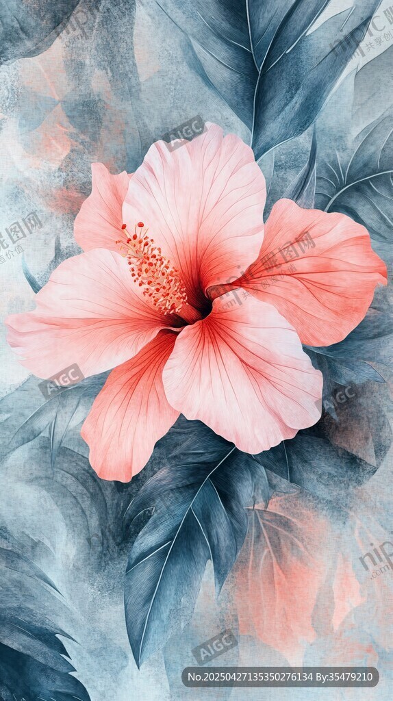 粉色扶桑花水彩画