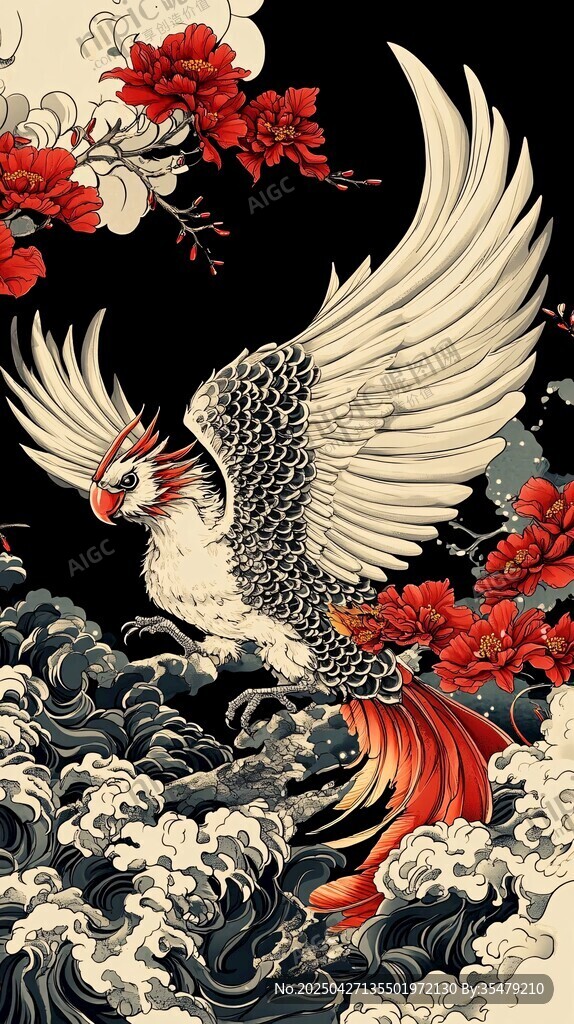 中式飞鸟戏浪繁花图景