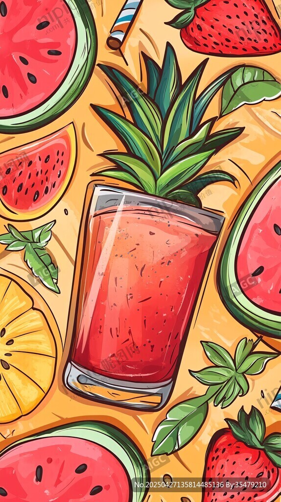 夏日缤纷水果汁插画
