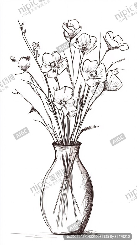 手绘花瓶中的花卉插画