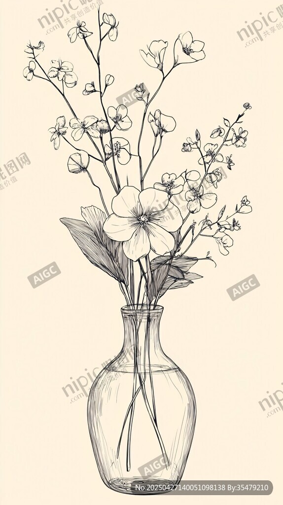 花瓶插花素描图